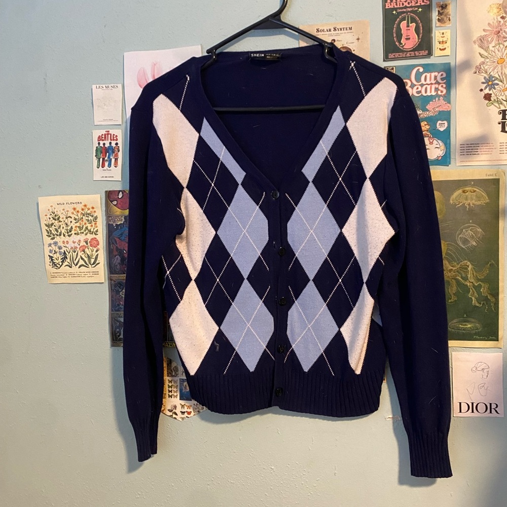 SHEIN Dark Blue and White Argyle Cardigan